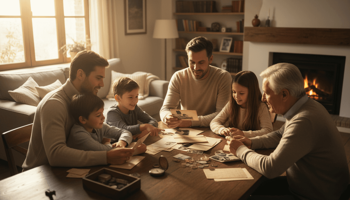 Family members reviewing household items together in a comfortable home environment