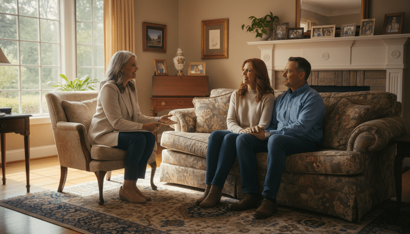 Friendly estate sale specialist meeting with clients in their home to discuss their sale