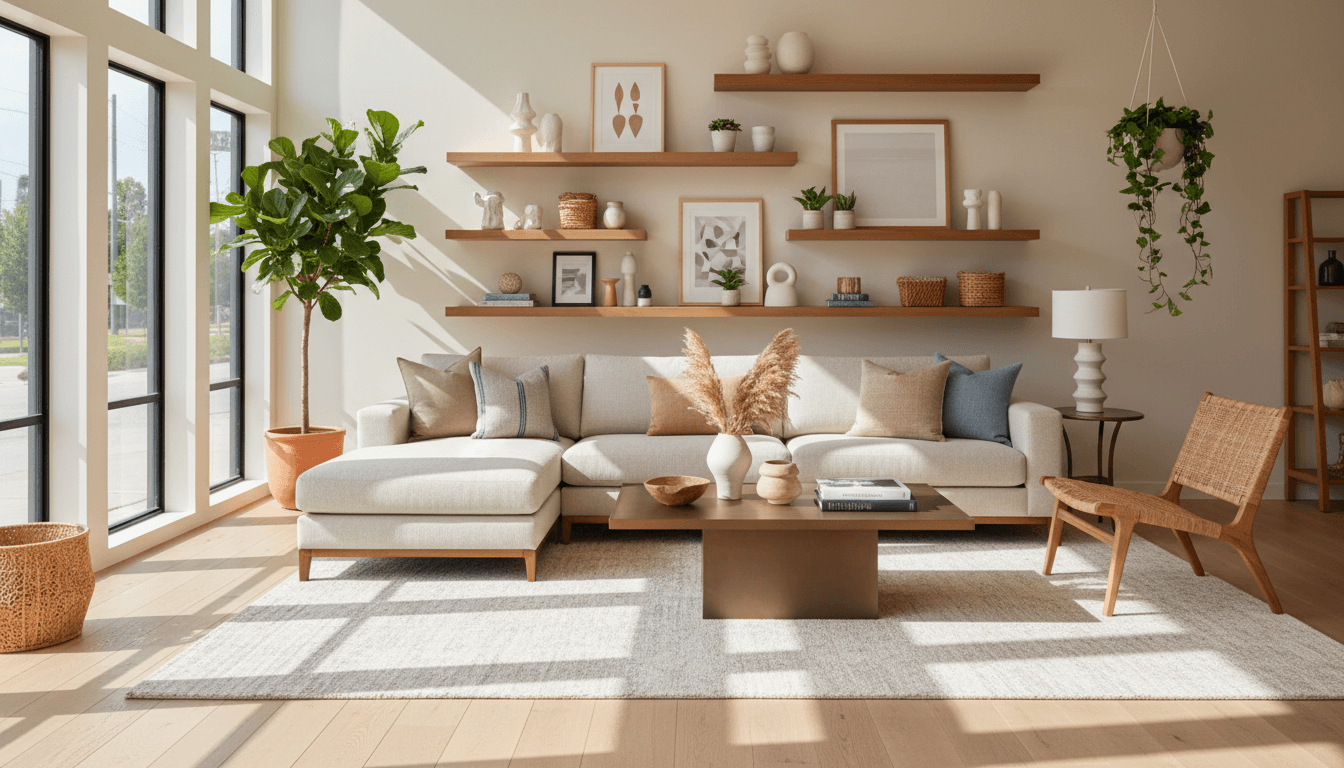 organized estate sale display with furniture and household items arranged in bright clean space