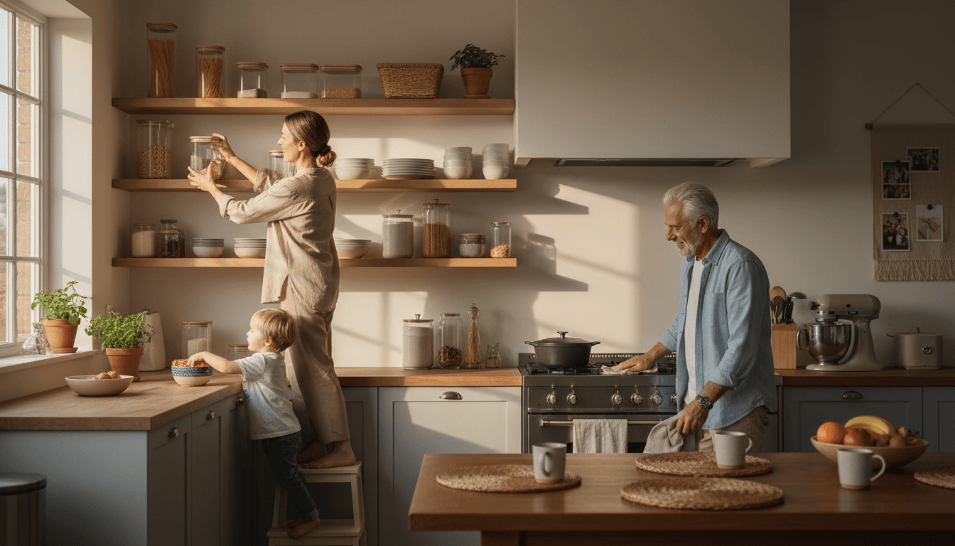 family sorting through household items in warm home setting with natural light