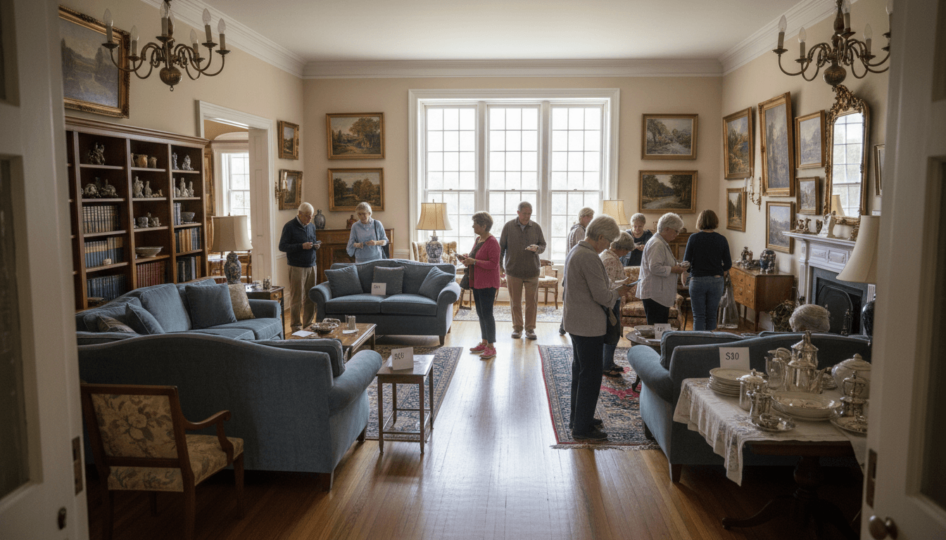 Organized household items and furniture ready for estate sale