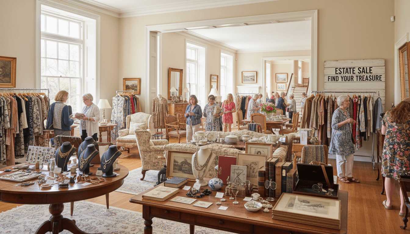 estate sale cashier area with customers browsing items and making purchases in organized setting